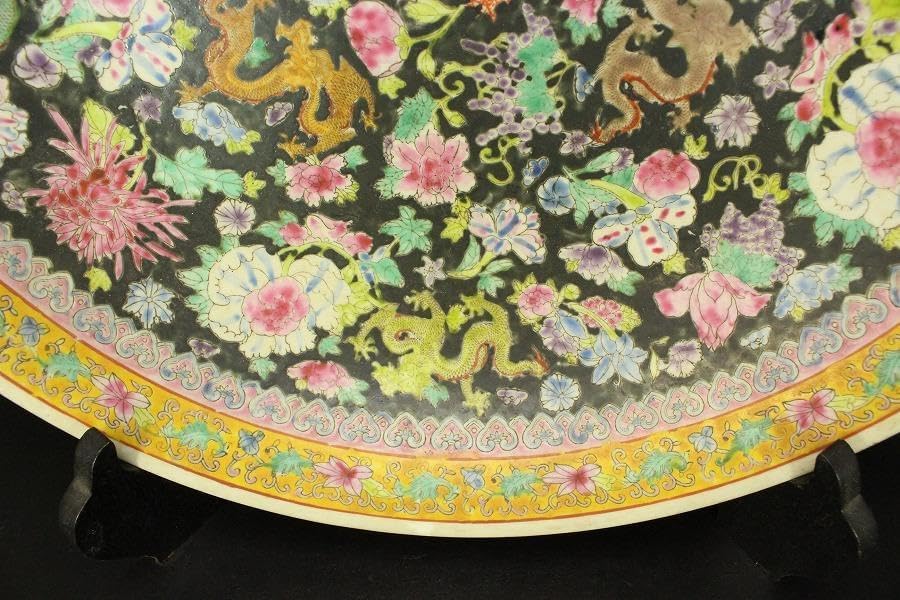中国美術 粉彩 色絵 黒地 纏草花龍紋 盤 φ39.5cm(LC342) 中国美術 粉彩 色絵 黒地 纏草花龍紋 盤 φ39.5cm(LC342)